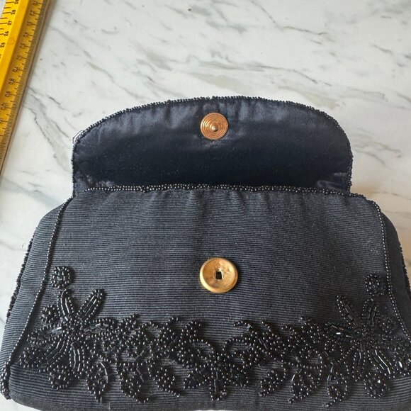 VINTAGE BLACK BEADED EVENING BAG CLUTCH MADE IN FRANCE 'ALBRO' - Picture 9 of 15